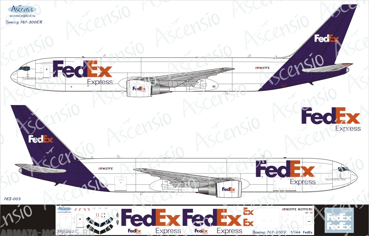 76F-003 Декаль для самолета Boeing 767-300F FedEx 1/144 76F-003 Декаль для самолета Boeing 767-300F FedEx 1/144