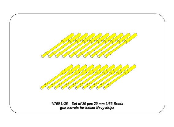 ABR-1:700-L-37  Дополнения для  Set of 20 pcs 20 mm L/65 Breda gun barrels for Italian Navy ships для  1/700 ABR-1:700-L-37  Дополнения для  Set of 20 pcs 20 mm L/65 Breda gun barrels for Italian Navy ships для  1/700