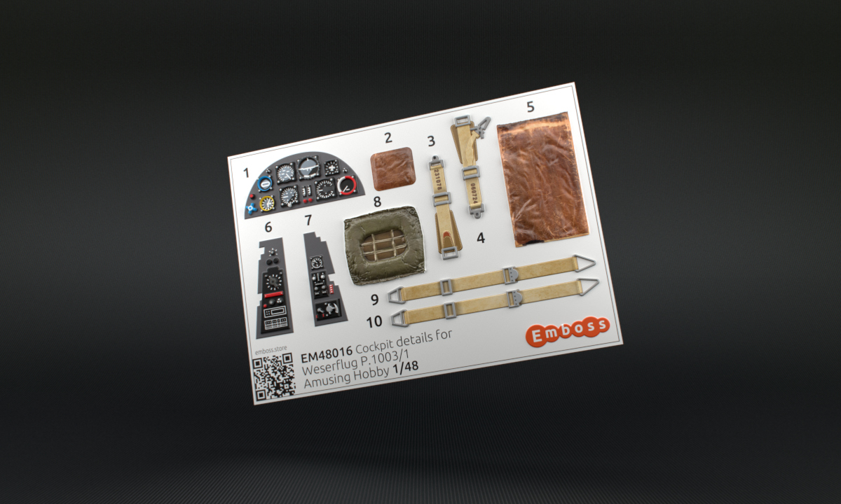 EM48016 Детали кабины Weserflug P.1003 для модели Amusing Hobby 1:48 (3D декаль)