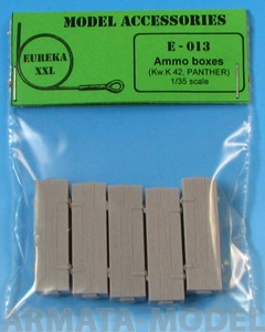 E-013 Дополнения для моделей Wooden ammo boxes for 7.5 cm Kw.K.42  (Panzer V Panther) Set contains following elements in 1/35 scale: 5 resin parts. E-013 Дополнения для моделей Wooden ammo boxes for 7.5 cm Kw.K.42  (Panzer V Panther) Set contains following elements in 1/35 scale: 5 resin parts.