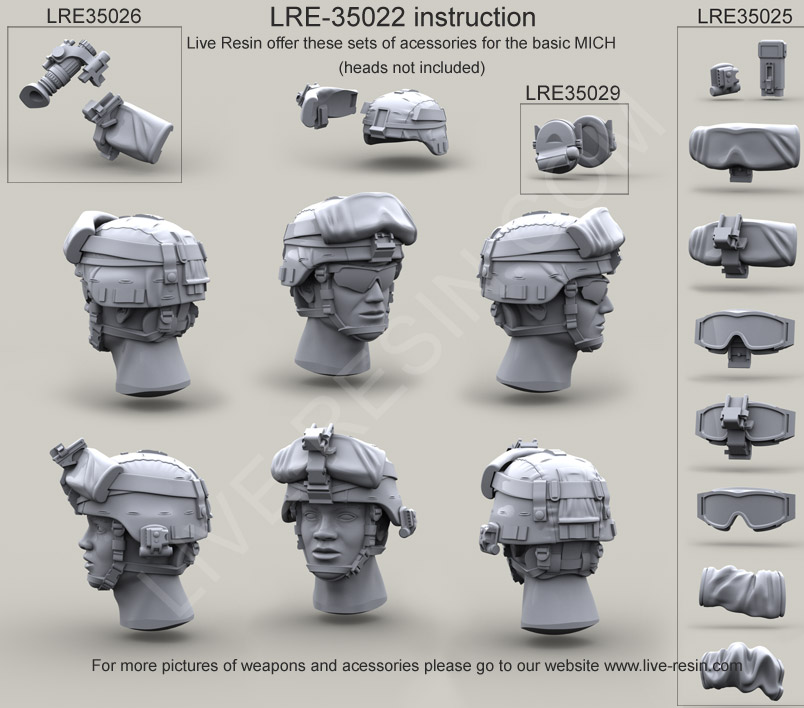 LRE35022 Шлем  армии США ACH-MICH с креплением ночных очков NVG PVS 7-14-15 и зачехленными очками и нашлемным фонарём surefire HL1-A