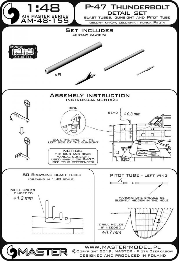 AM-48-155 P-47 Thunderbolt - zestaw detali -uzbrojenie, rurka Pitota, celownik / P-47 Thunderbolt - details set - Browning .50 blast tubes, gunsight and Pitot Tube AM-48-155 P-47 Thunderbolt - zestaw detali -uzbrojenie, rurka Pitota, celownik / P-47 Thunderbolt - details set - Browning .50 blast tubes, gunsight and Pitot Tube