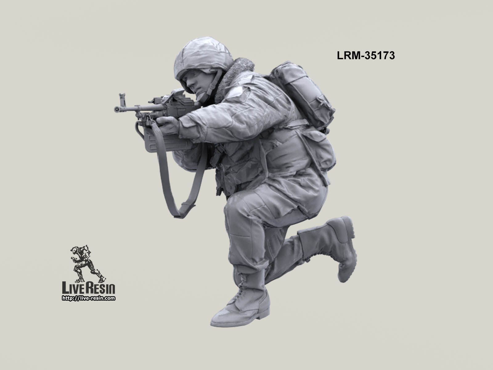 LRM35173 Военнослужащий ВВ, ведет огонь из пулемета ПКМ с колена, версия в шлеме ССШ-94 Live Resin