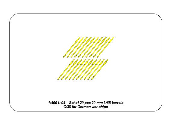 ABR-1:400-L-04  Дополнения для  Set of 20 pcs 20mm barrels C/38 для  1/400 ABR-1:400-L-04  Дополнения для  Set of 20 pcs 20mm barrels C/38 для  1/400