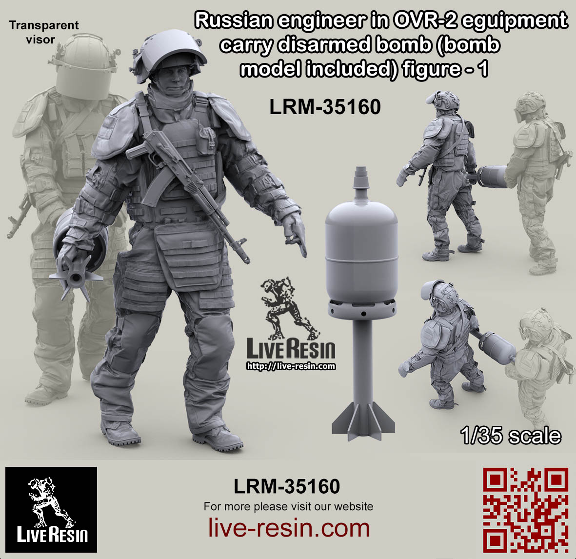 LRM35160 Современный Российский сапер в тяжелом костюме разминирования переносит обезвреженный самодельный снаряд-1 (Не для свободной продажи) Live Resin