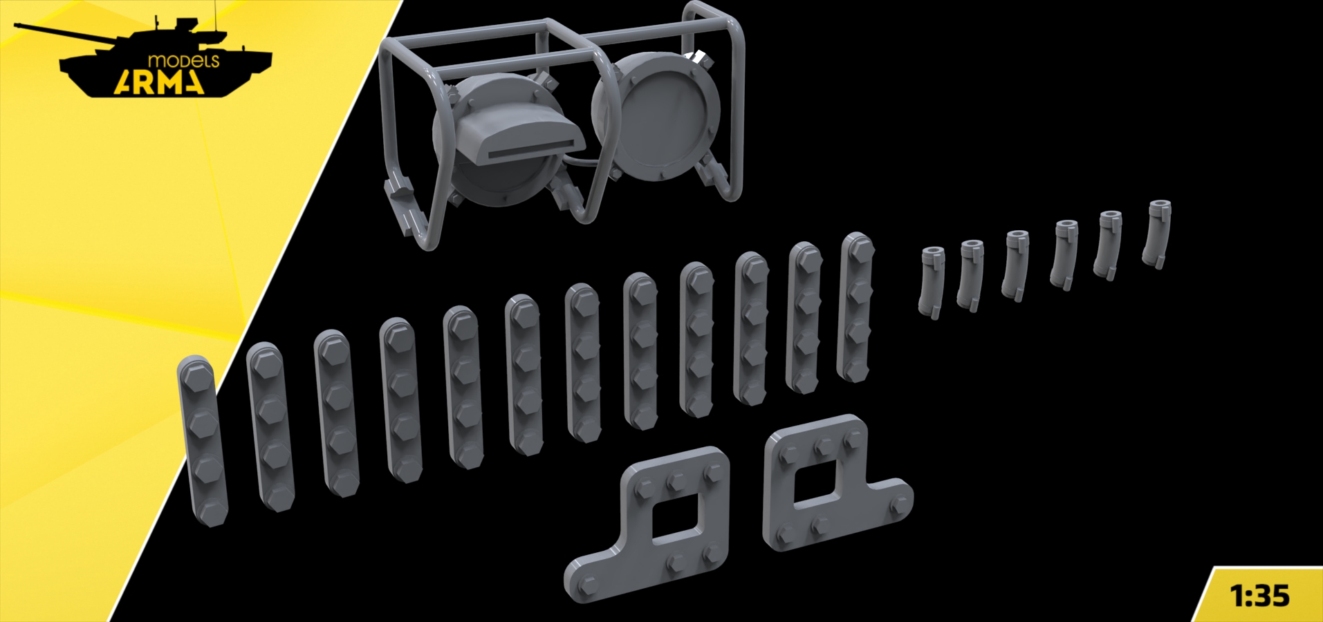 AM36002 3D Фары с ограждением, крепление трала, хомуты топливопроводов для Т-62 (Не для свободной продажи)