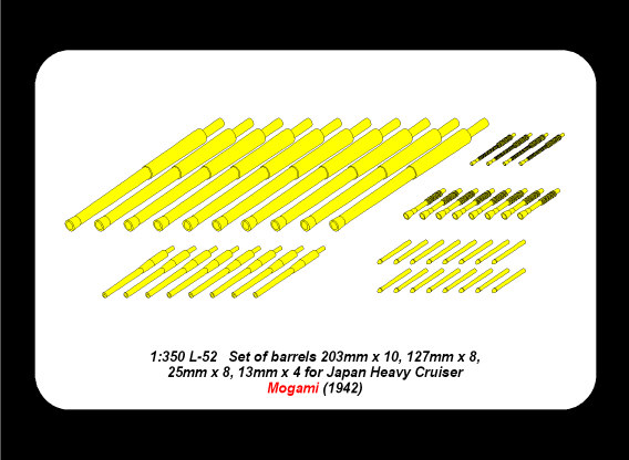 ABR-1:350-L-52  Дополнения для  Set of Barrels for Mogami (1942) crusier 203mm x 10; 127mm x 8; 25mm x 8 ; 13mm x 4 для  1/350