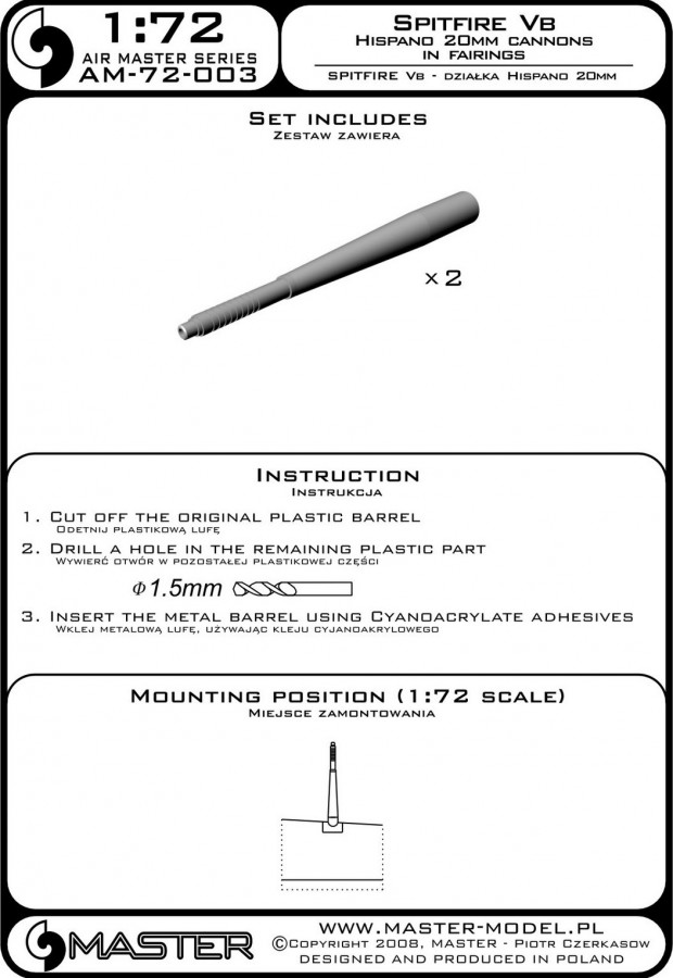 AM-72-003 Hispano авиационная пушка 20мм с пламегасителем для Spitfire Vb AM-72-003 Hispano авиационная пушка 20мм с пламегасителем для Spitfire Vb