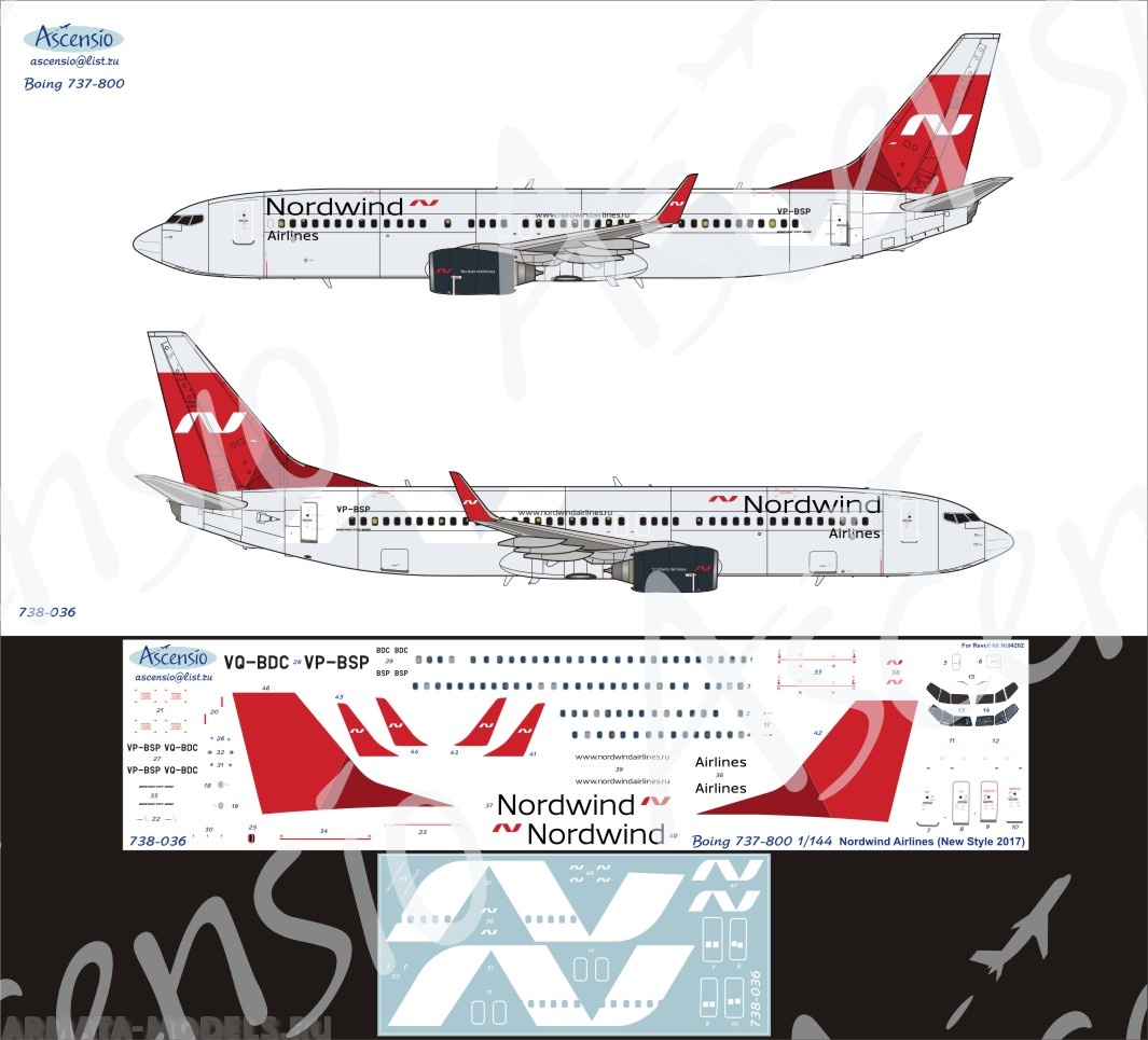 738-036 Декаль для самолета Boeing 737-800 Nordwind Airlines new 1/144  Ascensio