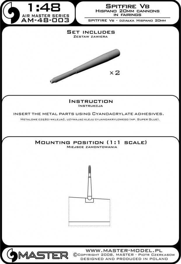 AM-48-003 Набор из 2 стволов 20мм пушки Hispano с пламегасителем для истребителя Supermarine Spitfire Vb AM-48-003 Набор из 2 стволов 20мм пушки Hispano с пламегасителем для истребителя Supermarine Spitfire Vb