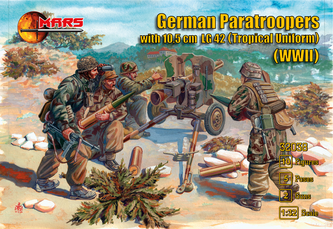32038MR Фигуры German Paratrooper Crew & LG-43 gun (tropical uniform ) WWII Mars