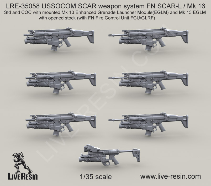 LRE35058 USSOCOM SCAR weapon system FN SCAR-L / Mk.16 Std and CQC with mounted Mk 13 Enhanced Grenade Launcher Module(EGLM) and Mk 13 EGLM LRE35058 USSOCOM SCAR weapon system FN SCAR-L / Mk.16 Std and CQC with mounted Mk 13 Enhanced Grenade Launcher Module(EGLM) and Mk 13 EGLM