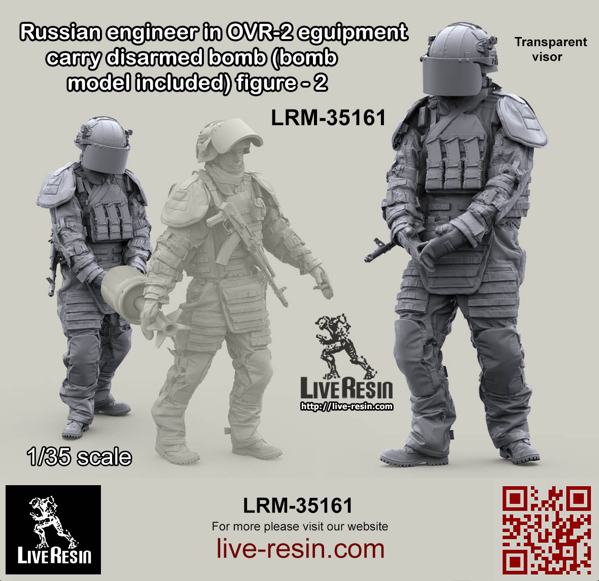 LRM35161 Современный Российский сапер в тяжелом костюме разминирования переносит обезвреженный самодельный снаряд-2 (Не для свободной продажи) Live Resin
