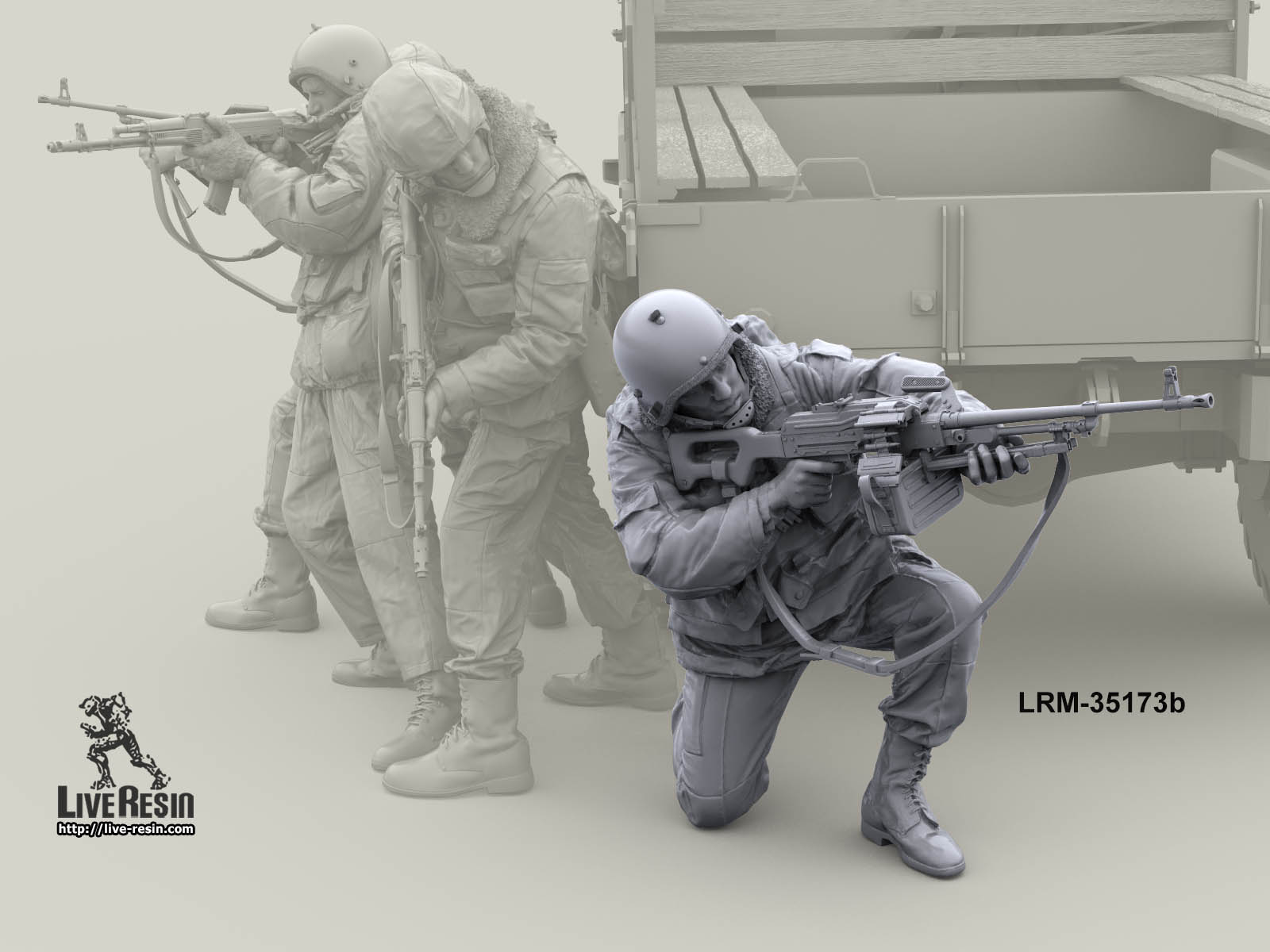 LRM35173b Военнослужащий ВВ, ведет огонь из пулемета ПКМ с колена, версия в шлеме К6-3 Live Resin