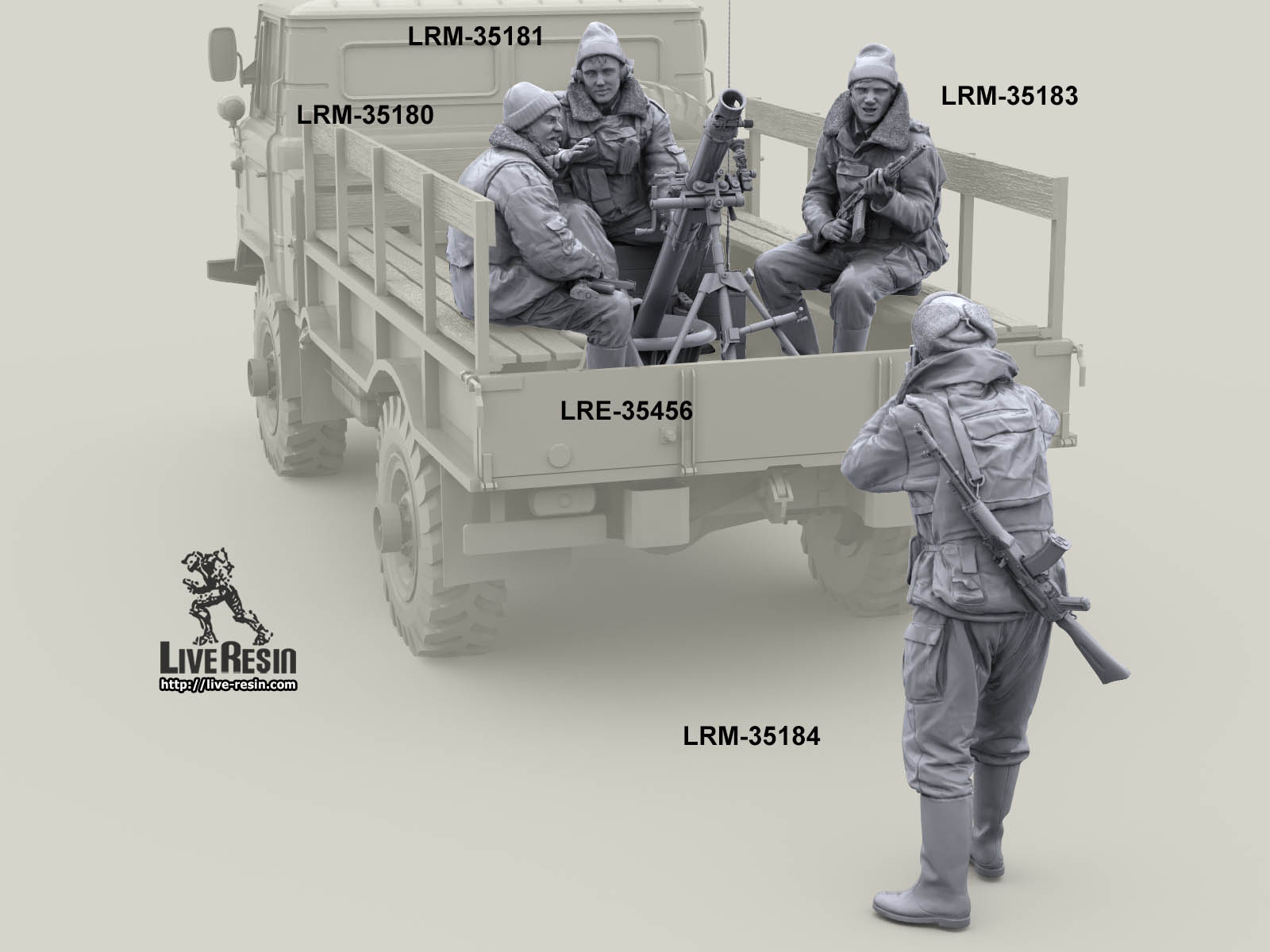 LRM35180 Военнослужащие ВВ, расчет 82 мм миномета и радист в кузове грузовика, позируют фотографу - 1 Live Resin