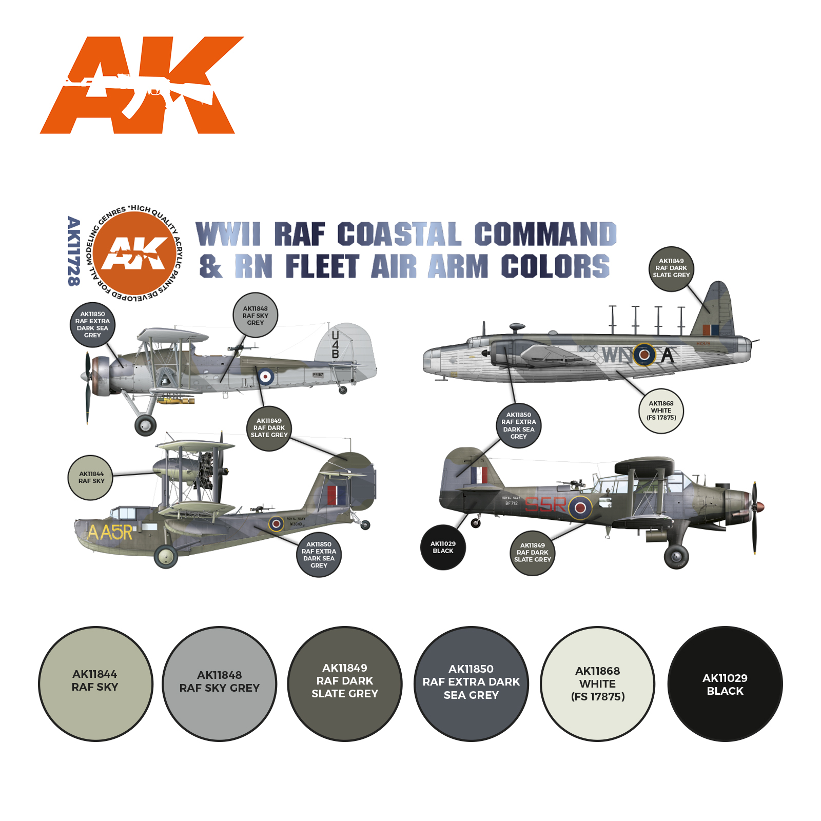 AK11728 Набор красок WWII RAF Coastal Command & RN Fleet Air Arm SET 3G AK11728 Набор красок WWII RAF Coastal Command & RN Fleet Air Arm SET 3G
