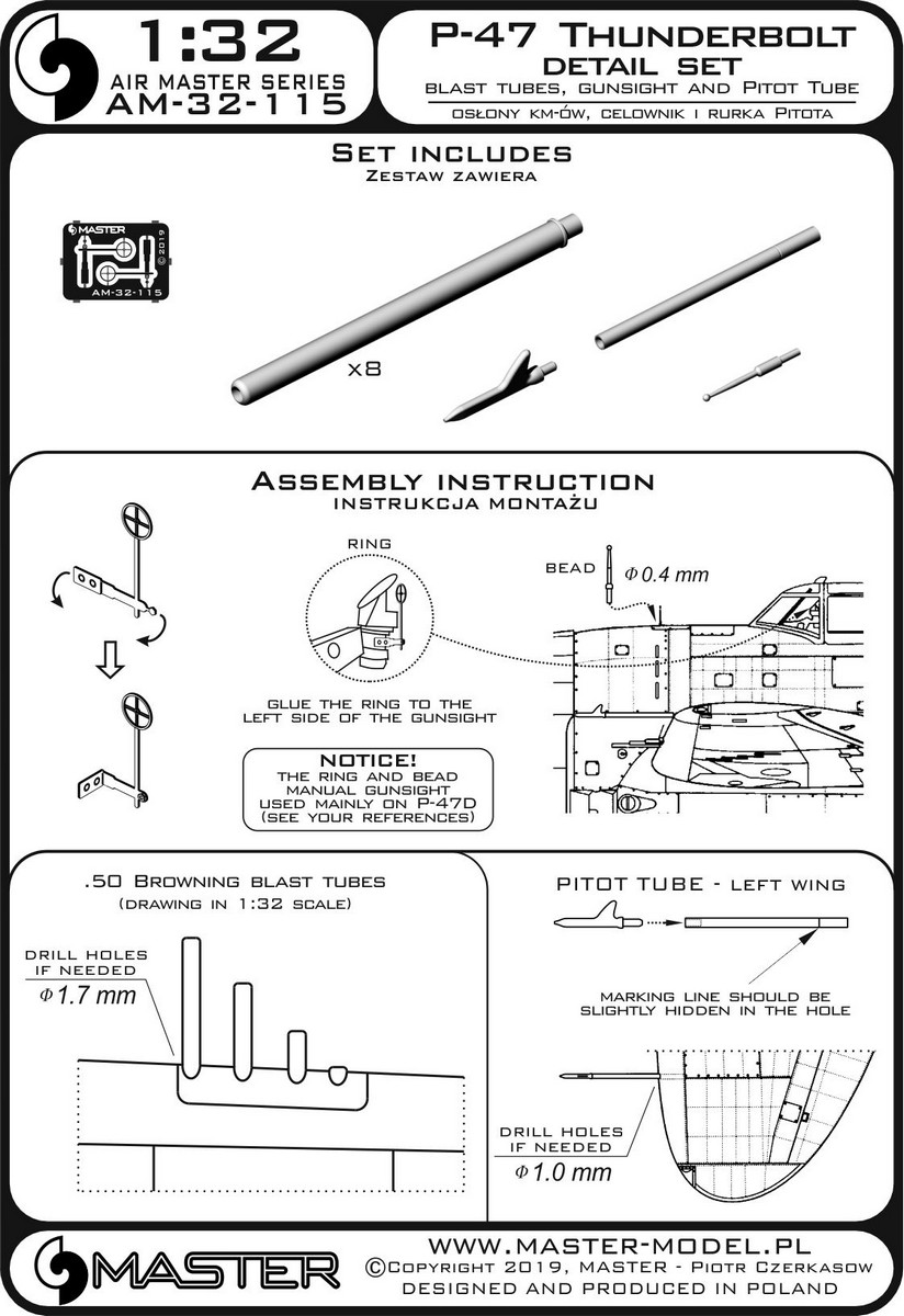 AM-32-115 P-47 Thunderbolt - набор деталей - взрывные трубы Browning .50, прицел и трубка Пито AM-32-115 P-47 Thunderbolt - набор деталей - взрывные трубы Browning .50, прицел и трубка Пито