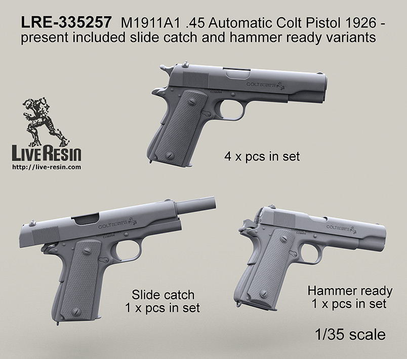 LRE35257 Автоматический пистолет M1911A1 .45 Automatic Colt Pistol 1926. Включает варианты со сдвинутым затвором и взведённым курком. LRE35257 Автоматический пистолет M1911A1 .45 Automatic Colt Pistol 1926. Включает варианты со сдвинутым затвором и взведённым курком.