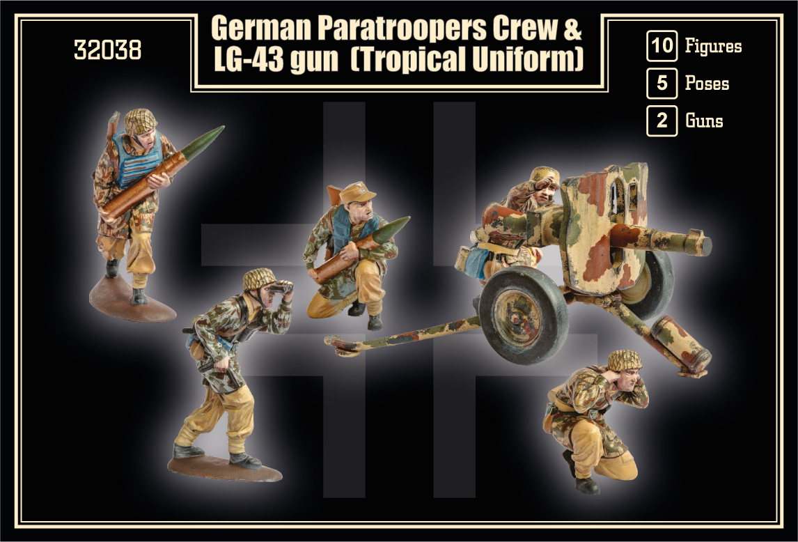 32038MR Фигуры German Paratrooper Crew & LG-43 gun (tropical uniform ) WWII Mars