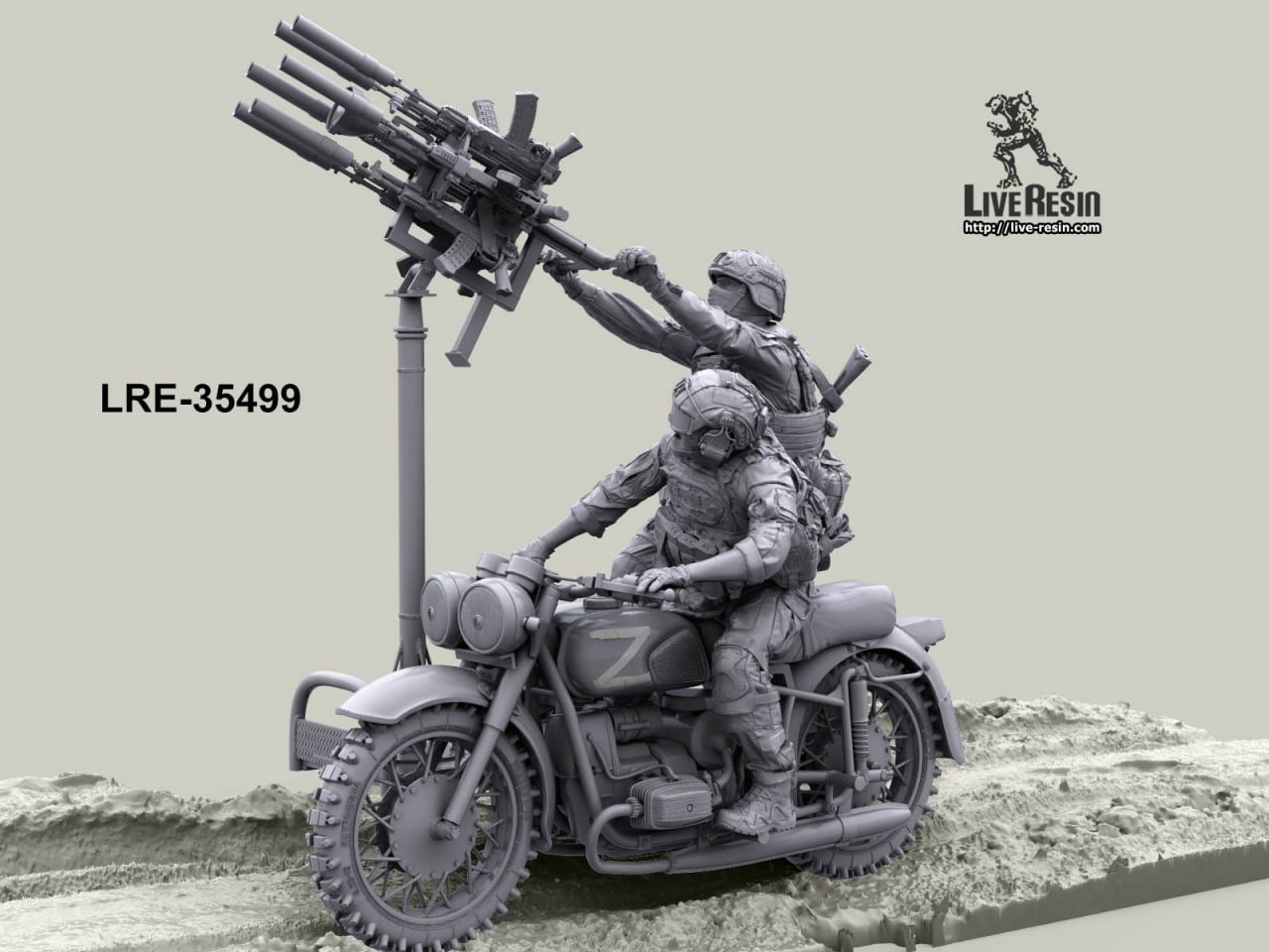 LRE35499 Фронтовой мотоцикл ПВО с коляской, турелью ПВО, водителем и стрелком (Не для свободной продажи)