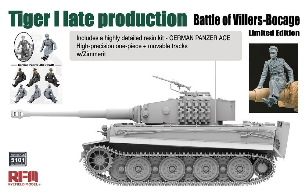 RM-5101 Сборная модель 'Tiger I late production (Battle of Villers-Bocage) w/Zimmerit, Includes a highly detailed resin kit - GERMAN PANZER ACE' Rye Field Model (RFM)