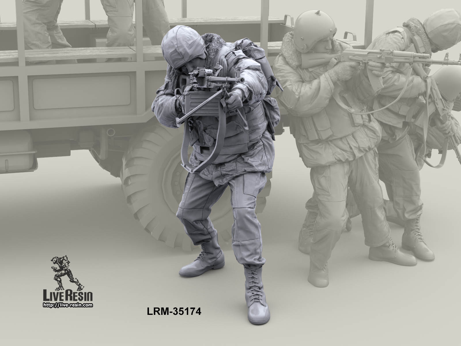 LRM35174 Военнослужащий ВВ, ведет огонь из пулемета ПКМ с рук, версия в шлеме ССШ-94 Live Resin