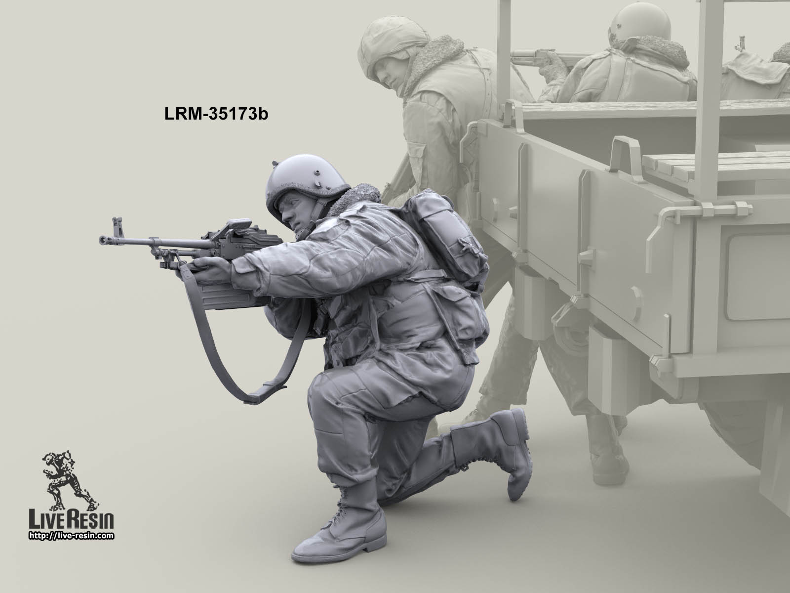 LRM35173b Военнослужащий ВВ, ведет огонь из пулемета ПКМ с колена, версия в шлеме К6-3 Live Resin