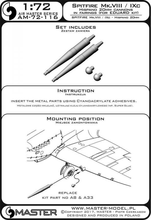 AM-72-116 Стволы пушки Hispano 20мм для поздних модификаций Spitfire Mk.VIII/Ixc AM-72-116 Стволы пушки Hispano 20мм для поздних модификаций Spitfire Mk.VIII/Ixc