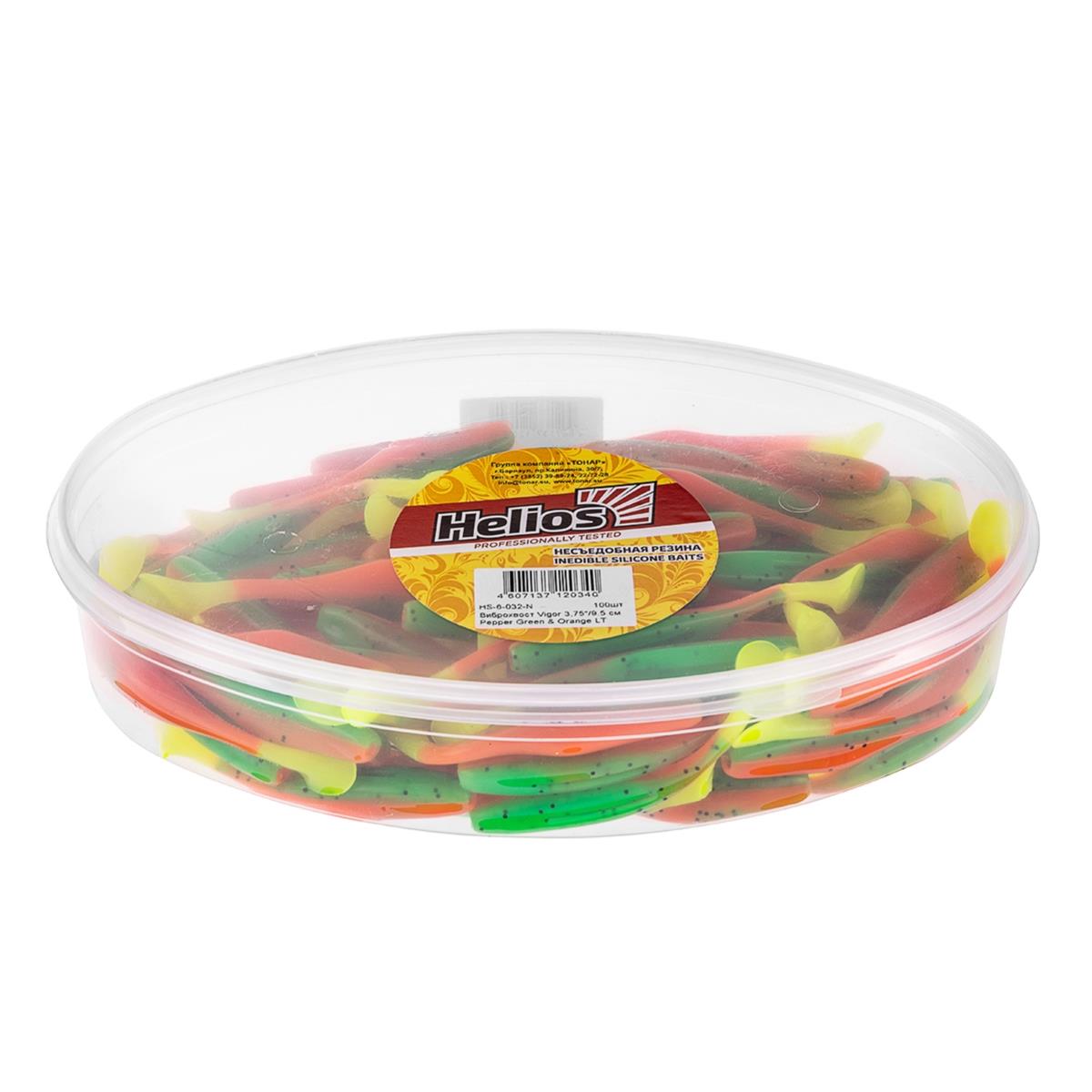 Виброхвост несъедоб. Vigor 3,75''/9.5 см Pepper Green & Orange LT 100шт. (HS-6-032-N) Helios( цена указана за упаковку, в количестве 100шт.)