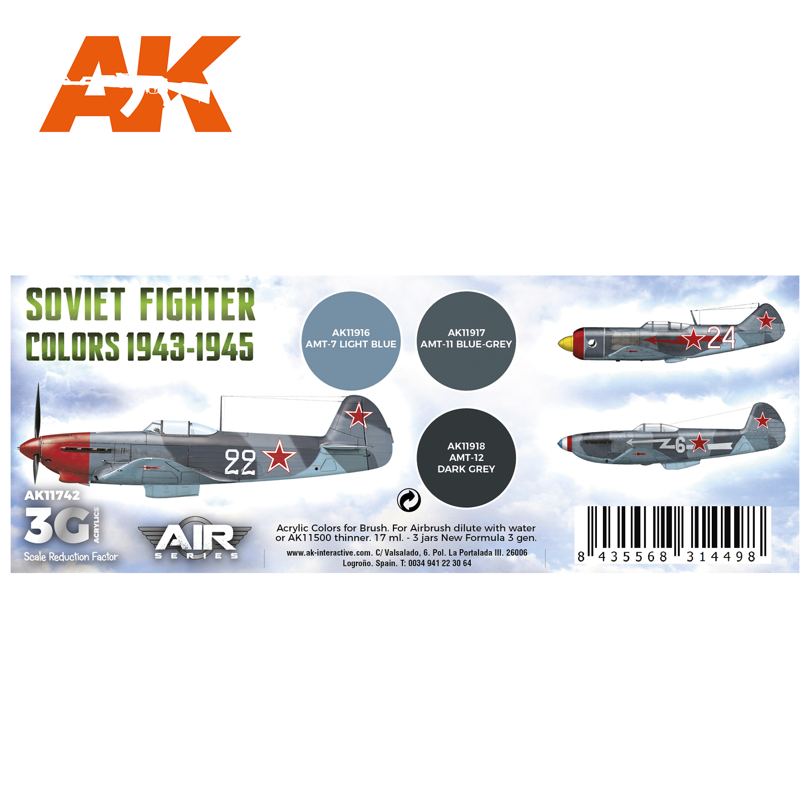 AK11742 Набор красок Soviet Fighter Colors 1943-1945 SET 3G AK11742 Набор красок Soviet Fighter Colors 1943-1945 SET 3G