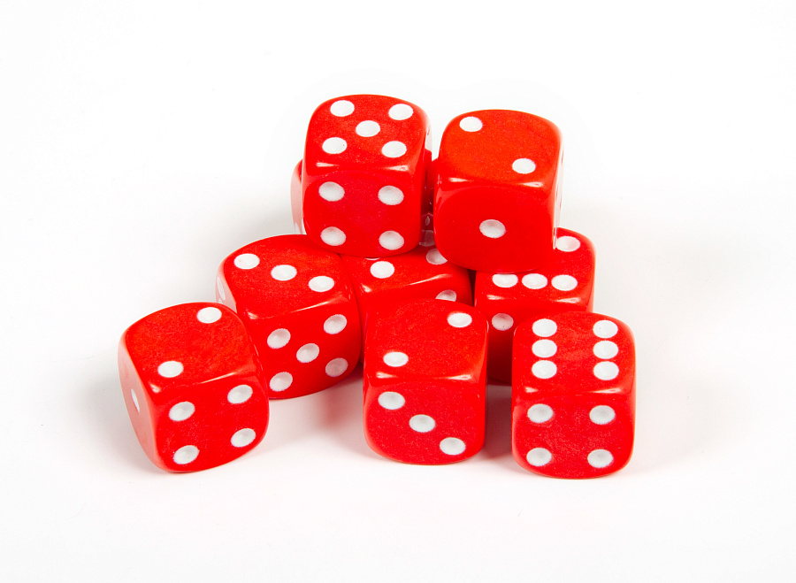 1230 Набор из 10 кубиков D6, 16мм. Красный с белыми точками в блистере