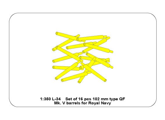 ABR-1:350-L-34  Дополнения для  Set of 16 pcs 102 mm QF Mk.V barrels for Royal Navy ships для  1/350 ABR-1:350-L-34  Дополнения для  Set of 16 pcs 102 mm QF Mk.V barrels for Royal Navy ships для  1/350