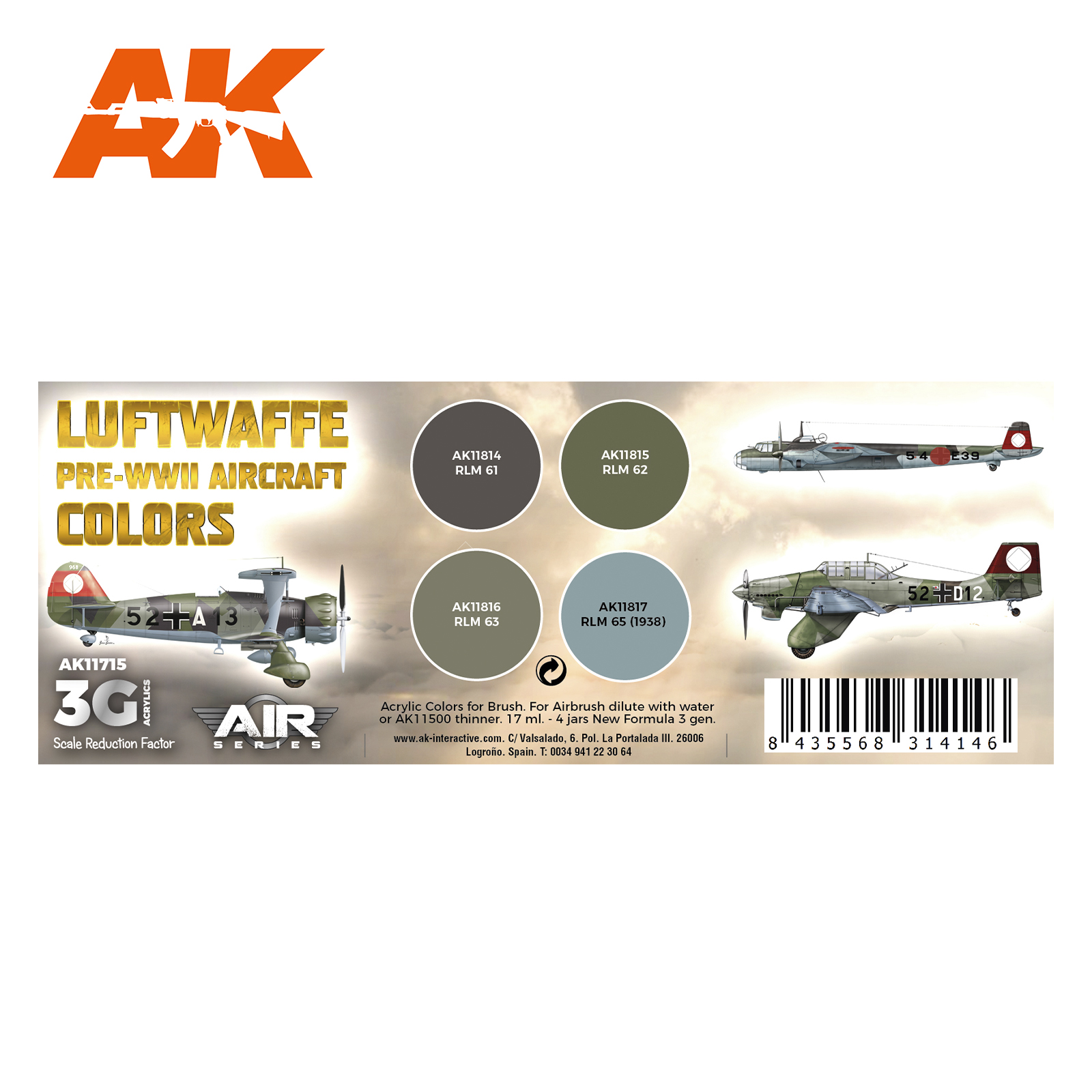 AK11715 Набор красок Luftwaffe Pre-WWII Aircraft Colors SET 3G
