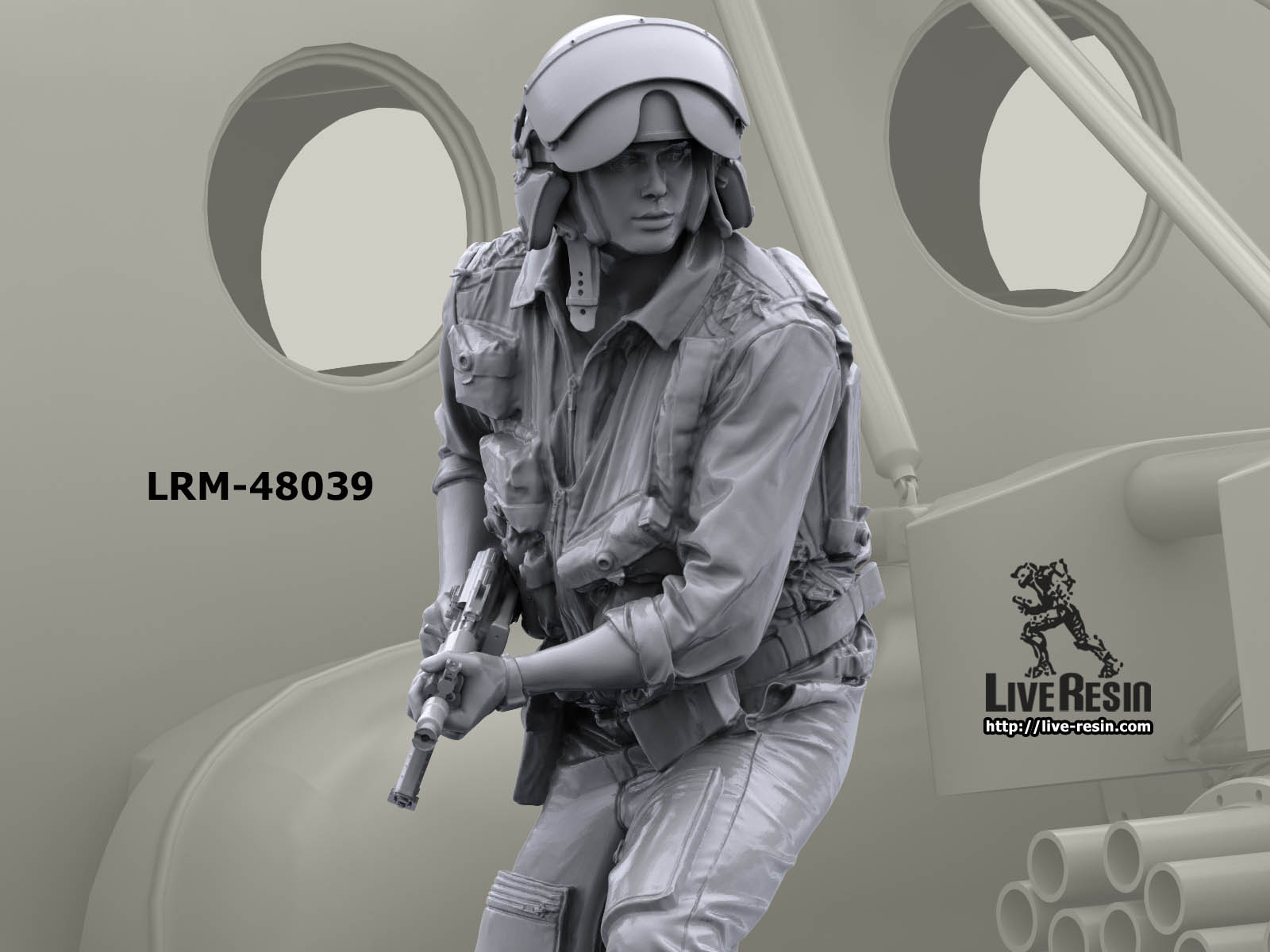 LRM48039 Советский пилот вертолета покидающий разбитую машину, ведет огонь из АКМС, фигура 8 Live Resin