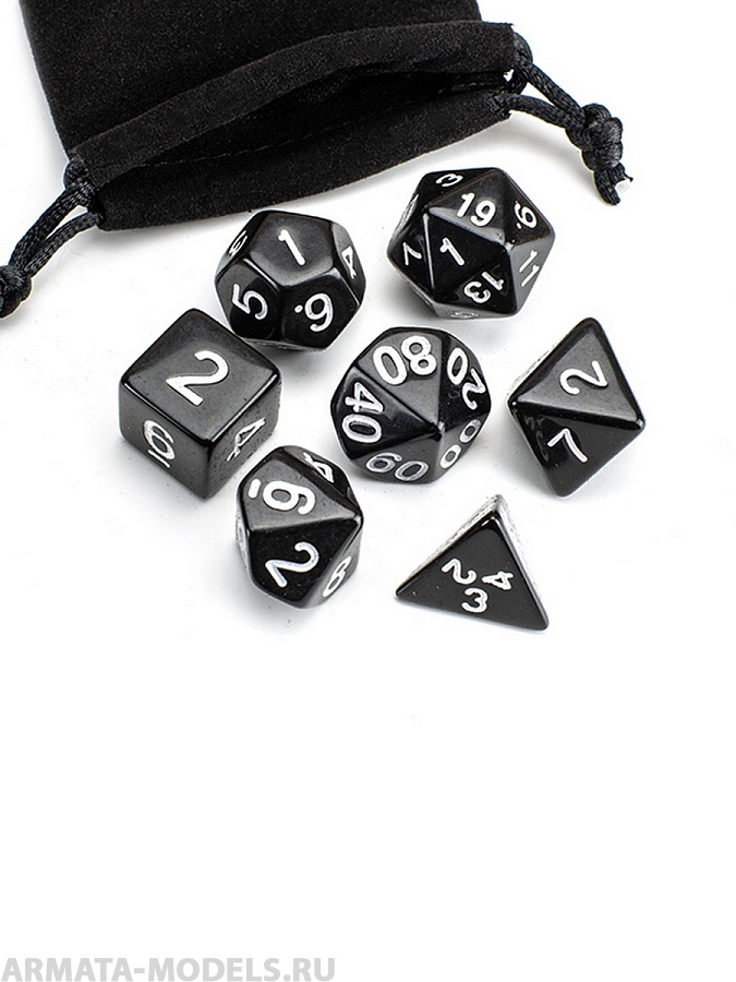 DA0020  Набор из 7 кубиков для ролевых игр (черный) блистер с мешочком