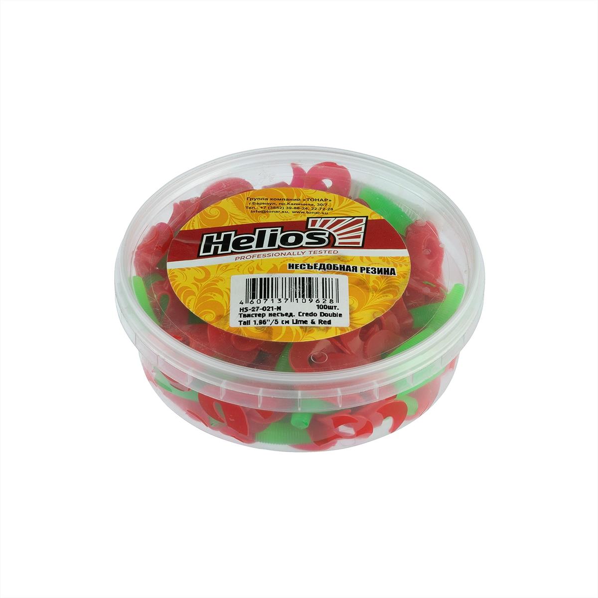 Твистер несъедоб. Credo Double Tail 3,54''/9 см Lime & Red 100шт. (HS-28-021-N) Helios( цена указана за упаковку, в количестве 100шт.)