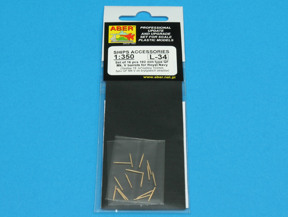 ABR-1:350-L-34  Дополнения для  Set of 16 pcs 102 mm QF Mk.V barrels for Royal Navy ships для  1/350 ABR-1:350-L-34  Дополнения для  Set of 16 pcs 102 mm QF Mk.V barrels for Royal Navy ships для  1/350