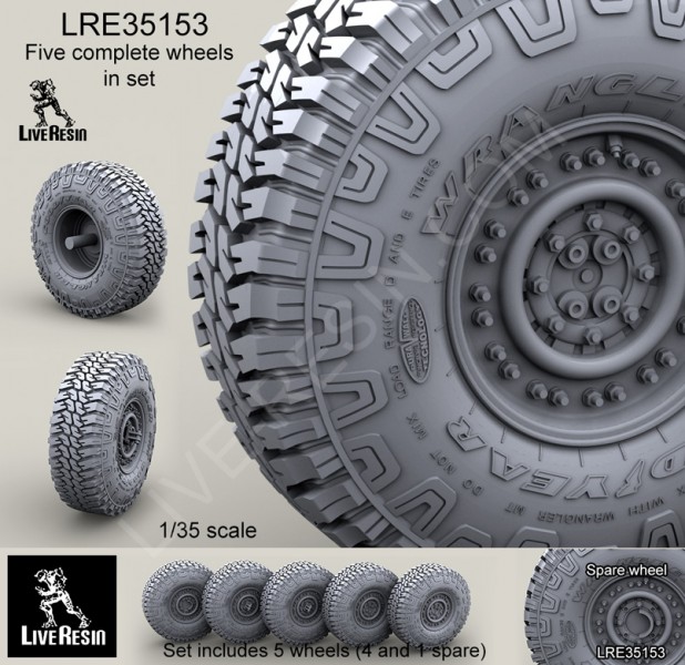 LRE35153 Набор покрышек и колёс Wrangler/Good Year 37 MT/R. Совместимы с HMMWV и GMV от всех производителей. Набор содержит - 5 колёс, в общей сложности 25 деталей