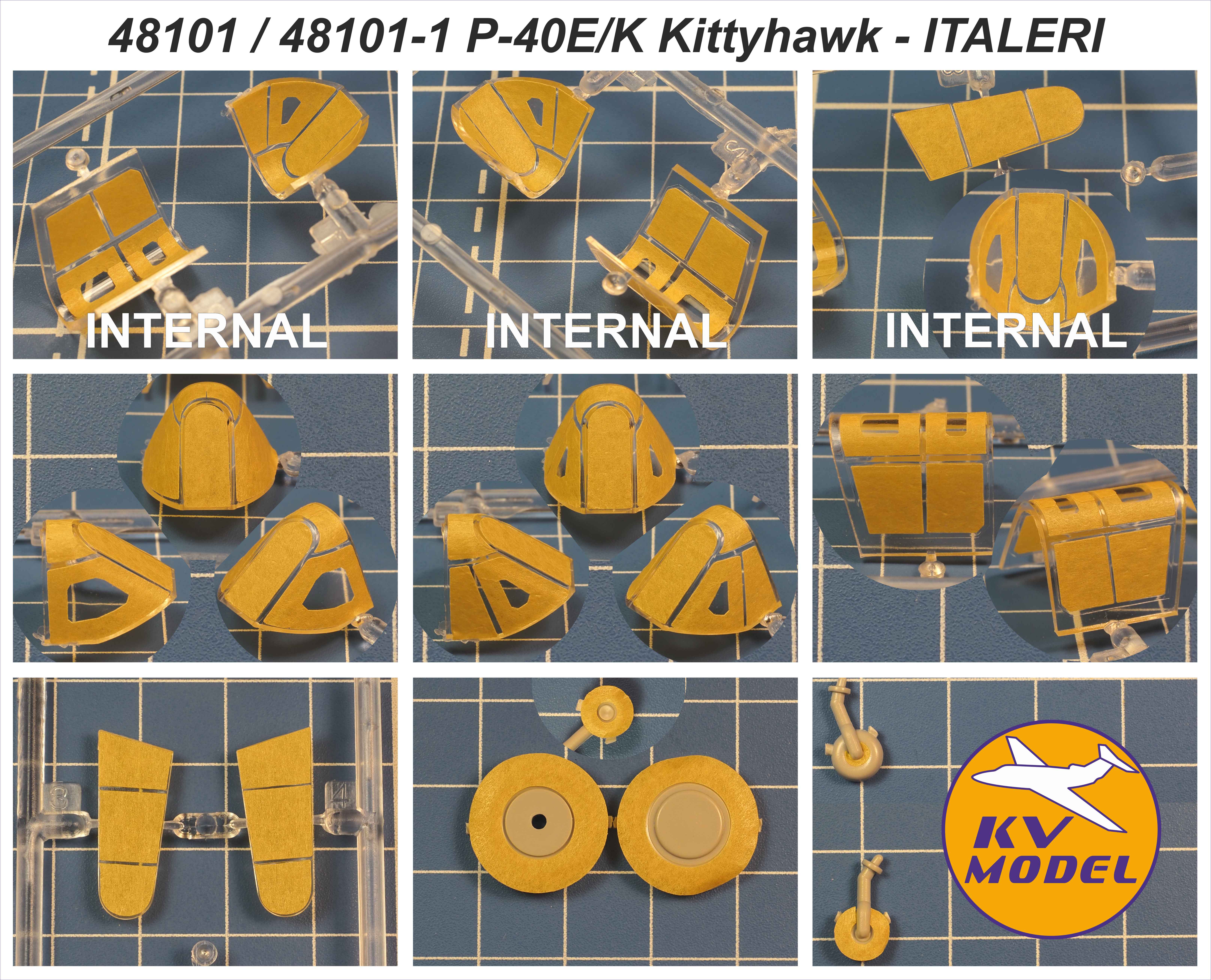 48101-1KV Окрасочная маска P-40 E/K, K-5, F/L Kittyhawk / Warhawk (ITALERI #2717, #2795 / Encore Models #48003 / AMT/ERTL #8794, #8795 / AMtech #484602, #489202, #489213 / Hobbycraft #HC1417, #HC1418) - (двусторонние маски) + маски на диски и колеса