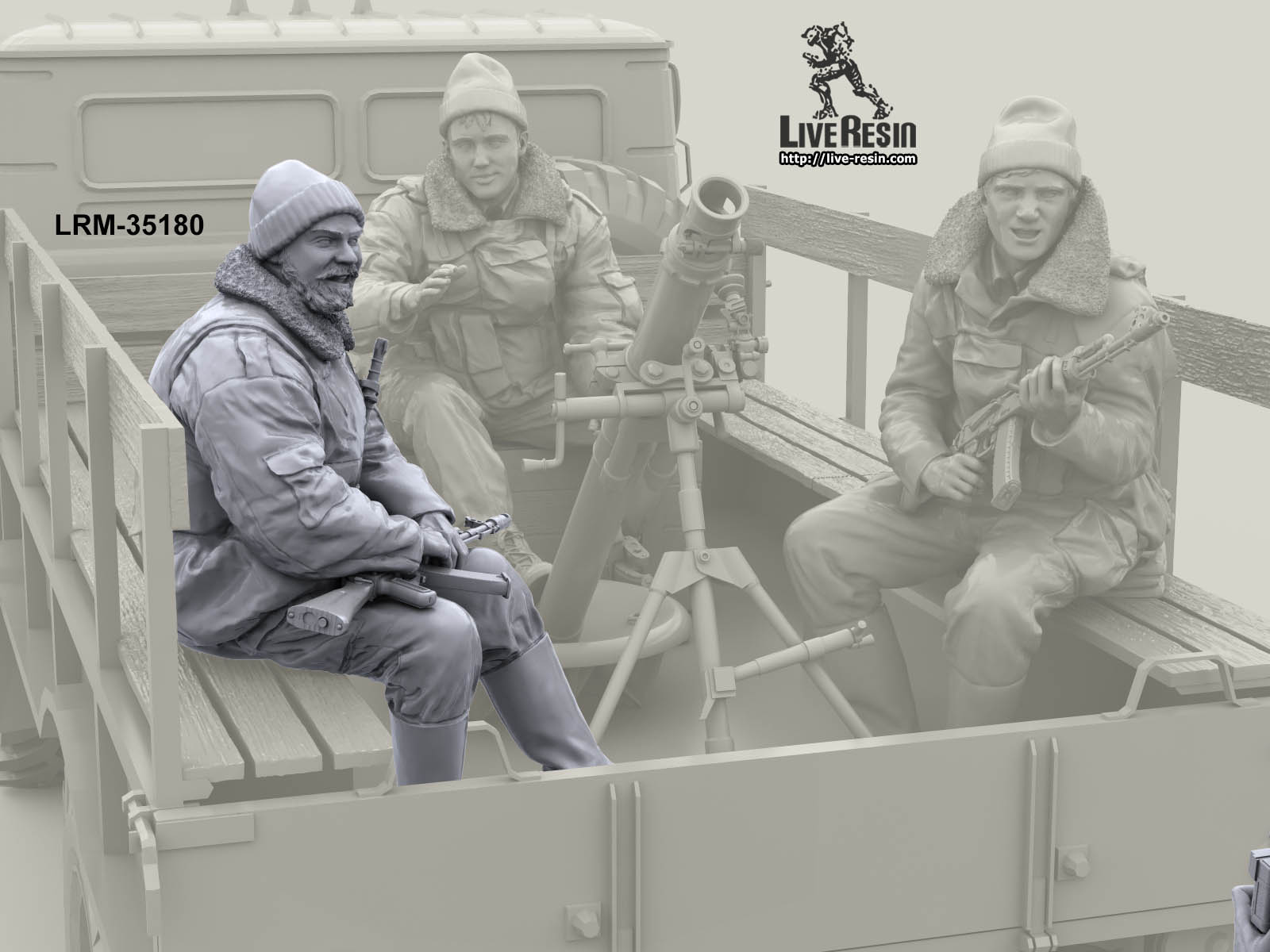 LRM35180 Военнослужащие ВВ, расчет 82 мм миномета и радист в кузове грузовика, позируют фотографу - 1 Live Resin