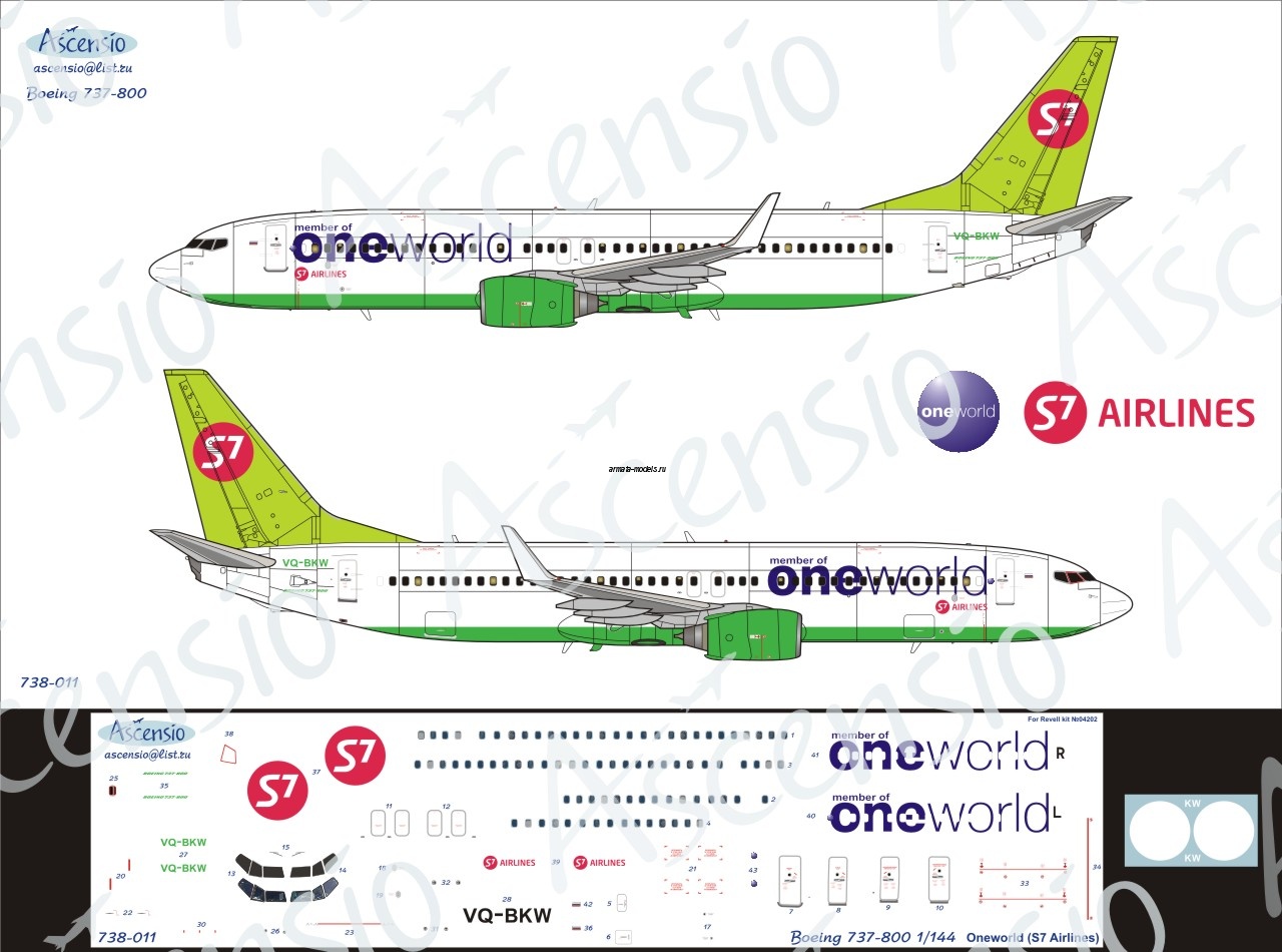 738-011 Декаль для самолета Boeing 737-800 One World S7 Airlines 1/144 738-011 Декаль для самолета Boeing 737-800 One World S7 Airlines 1/144