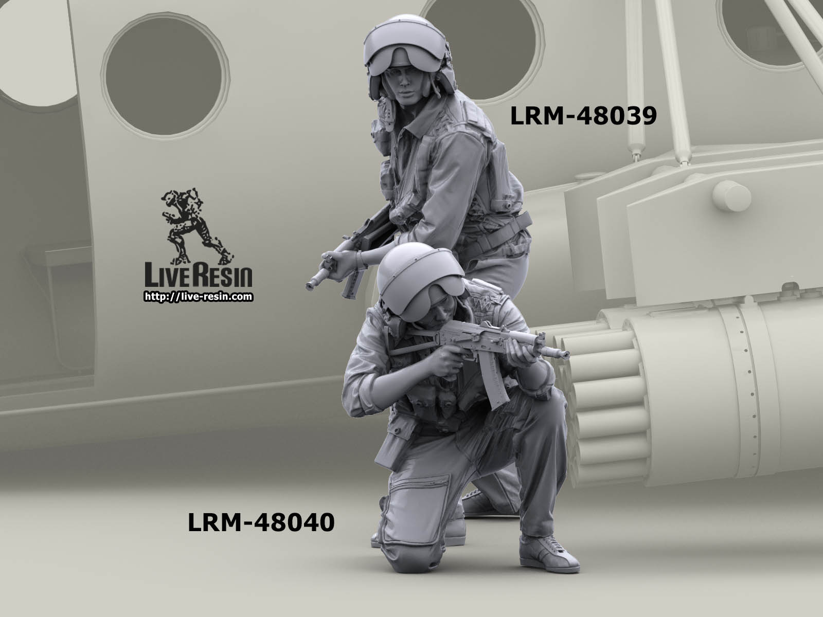 LRM48039 Советский пилот вертолета покидающий разбитую машину, ведет огонь из АКМС, фигура 8 Live Resin