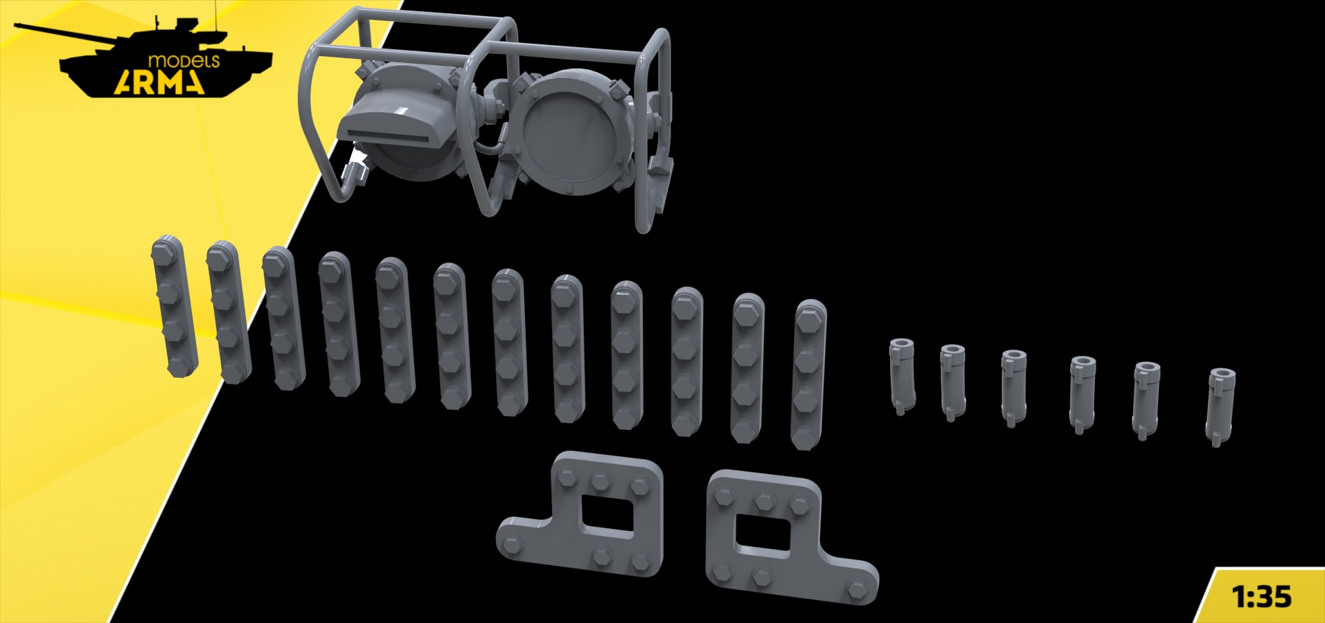 AM36002 3D Фары с ограждением, крепление трала, хомуты топливопроводов для Т-62 (Не для свободной продажи)