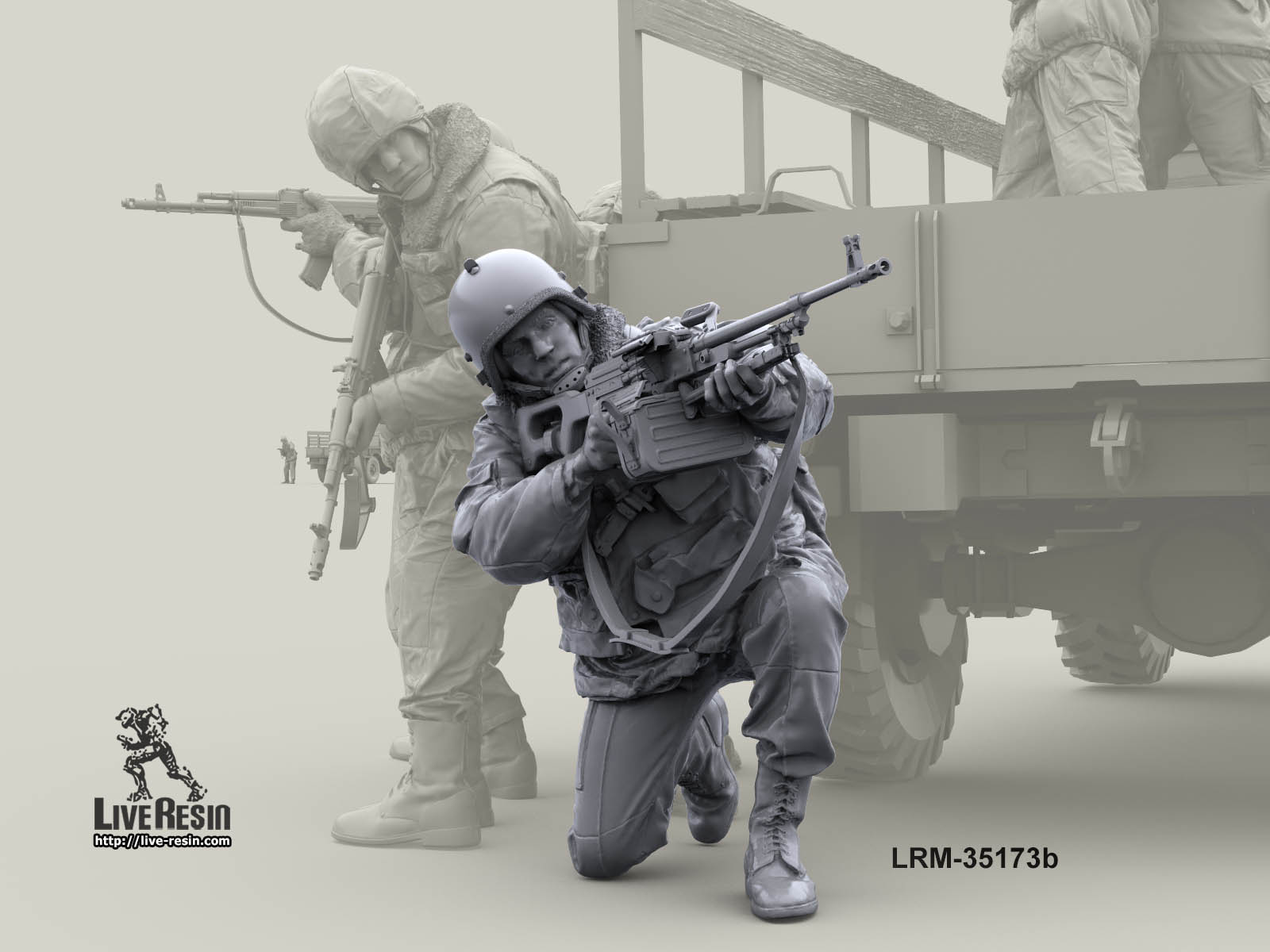 LRM35173 Военнослужащий ВВ, ведет огонь из пулемета ПКМ с колена, версия в шлеме ССШ-94 Live Resin