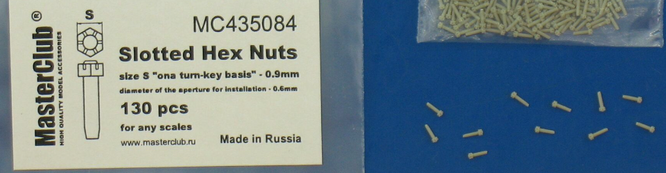 MC435084  корончатая гайка, размер под ключ - 0.9mm;  диаметр отверстия для монтажа-0.6mm;   130 шт.