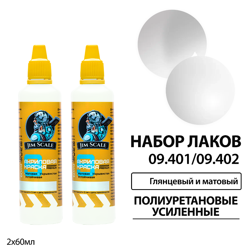 09.401/09.402JIM Набор полиуретановых усиленных лаков Jim Scale: матовый и глянцевый 2 цвета по 60 мл 09.401/09.402JIM Набор полиуретановых усиленных лаков Jim Scale: матовый и глянцевый 2 цвета по 60 мл