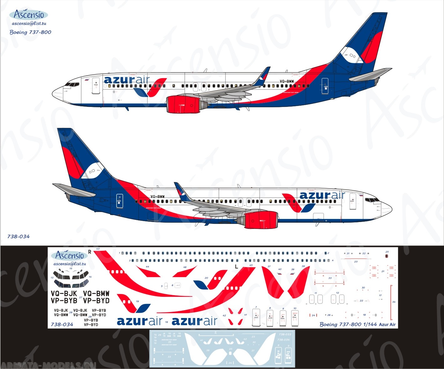 738-034 Декаль для самолета Boeing 737-800 Azur Air 1/144 738-034 Декаль для самолета Boeing 737-800 Azur Air 1/144