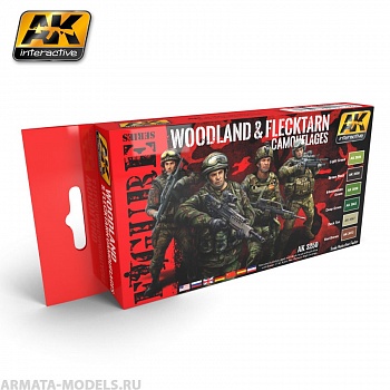 AK3250 Набор красок для росписи фигур WOODLAND AND FLECKTARN MODERN CAMOUFLAGES