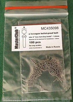 MC435098  противопульная головка болта, размер под ключ - 1.4mm;  диаметр отверстия для монтажа-1.0mm;   100 шт.