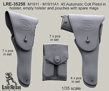 LRE35258 Автоматический пистолет M1911 - M1911A1 .45 Automatic Colt Pistol в кобуре и патронная сумка с запасными магазинами.